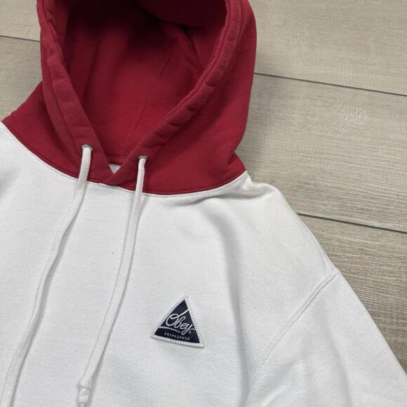 Obey Worldwide Pullover Hoodie White Red Hood Fleece Lined Men Sz M Y2K Relaxed - Picture 4 of 9